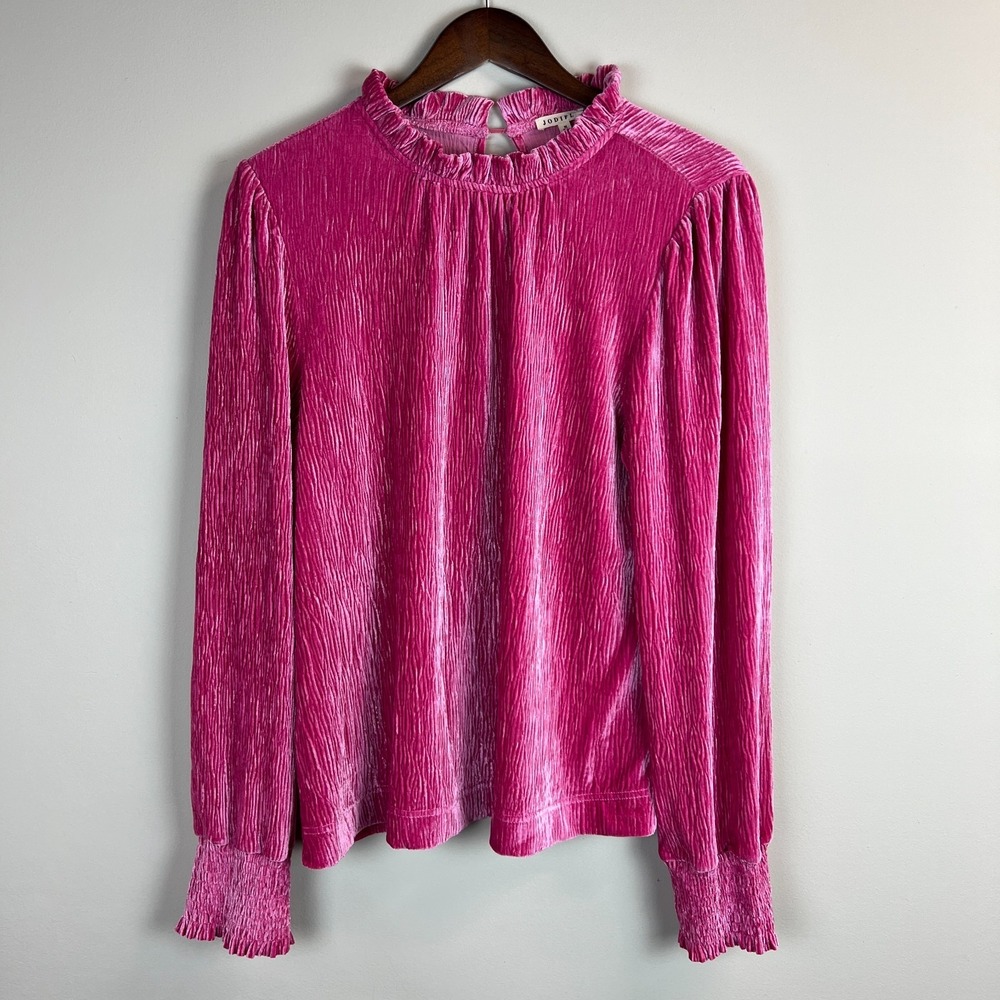 JODIFL Velvet Blouse Top High Neck Ruffle Womens Medium Pink Crinkle Vibrant LS